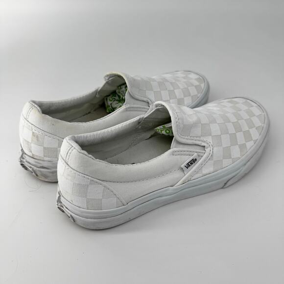 Vans Classic Checkerboard Slip On All White Canvas Skate Shoes M 5.5/ W 7 - Picture 2 of 13